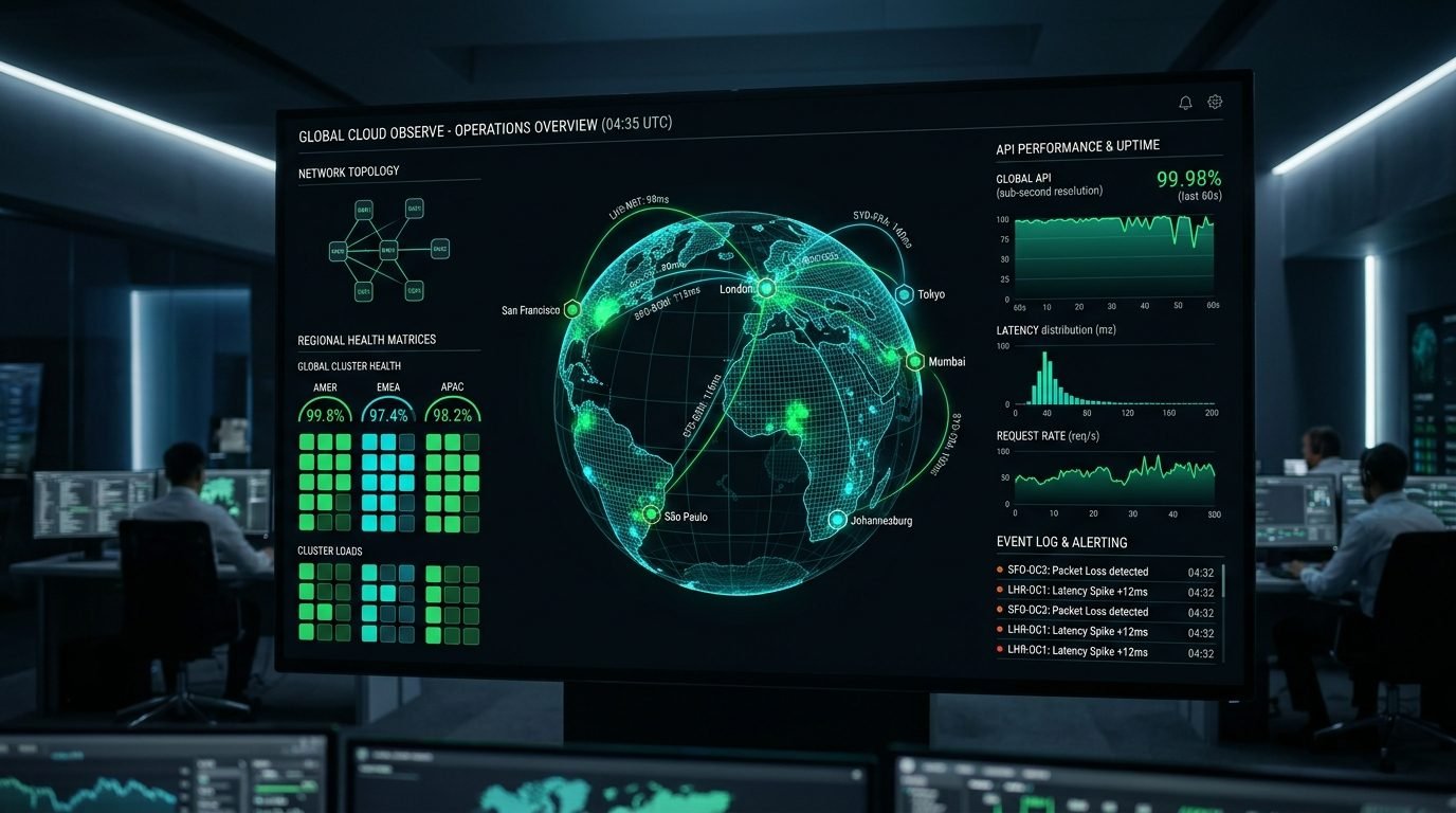 Cloud Sphere Operations Center with Global Wireframe Globe